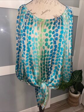 Zac & Rachel Aqua and Turquoise Polka Dot Peasant Blouse